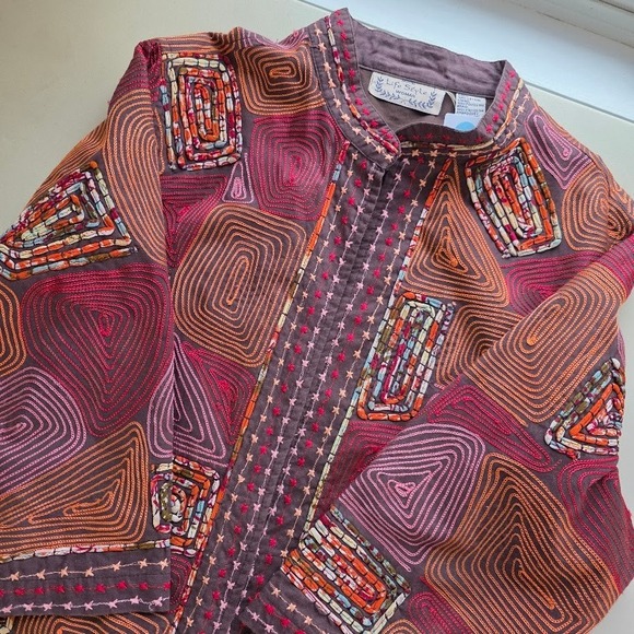 Life Style Woman Embroidered Jacket 1X Bohemian Hippie Colorful Open Front - Picture 1 of 7